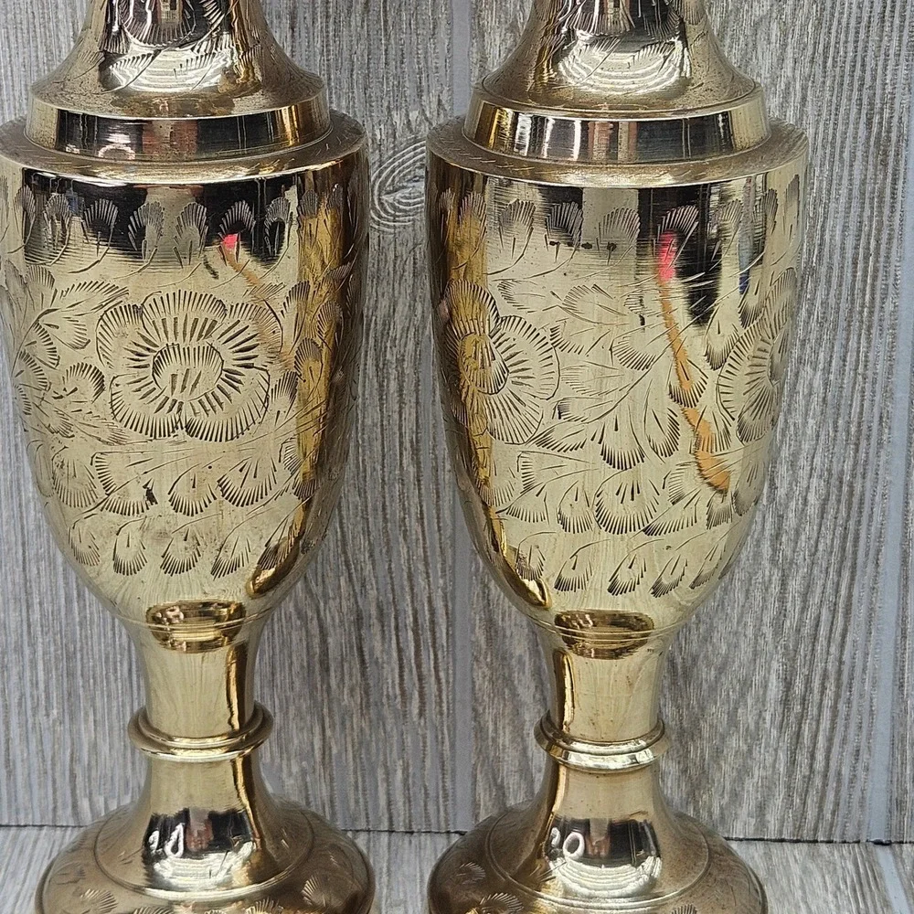 Vintage 11.5" Etched Brass Vases Pair Hand Crafted Floral Design Made in India - Picture 7 of 9